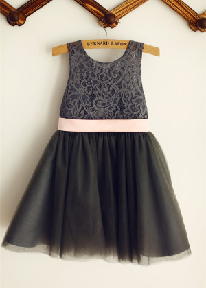 Dark Gray Lace Tulle Slit Open Back Flower Girl Dress